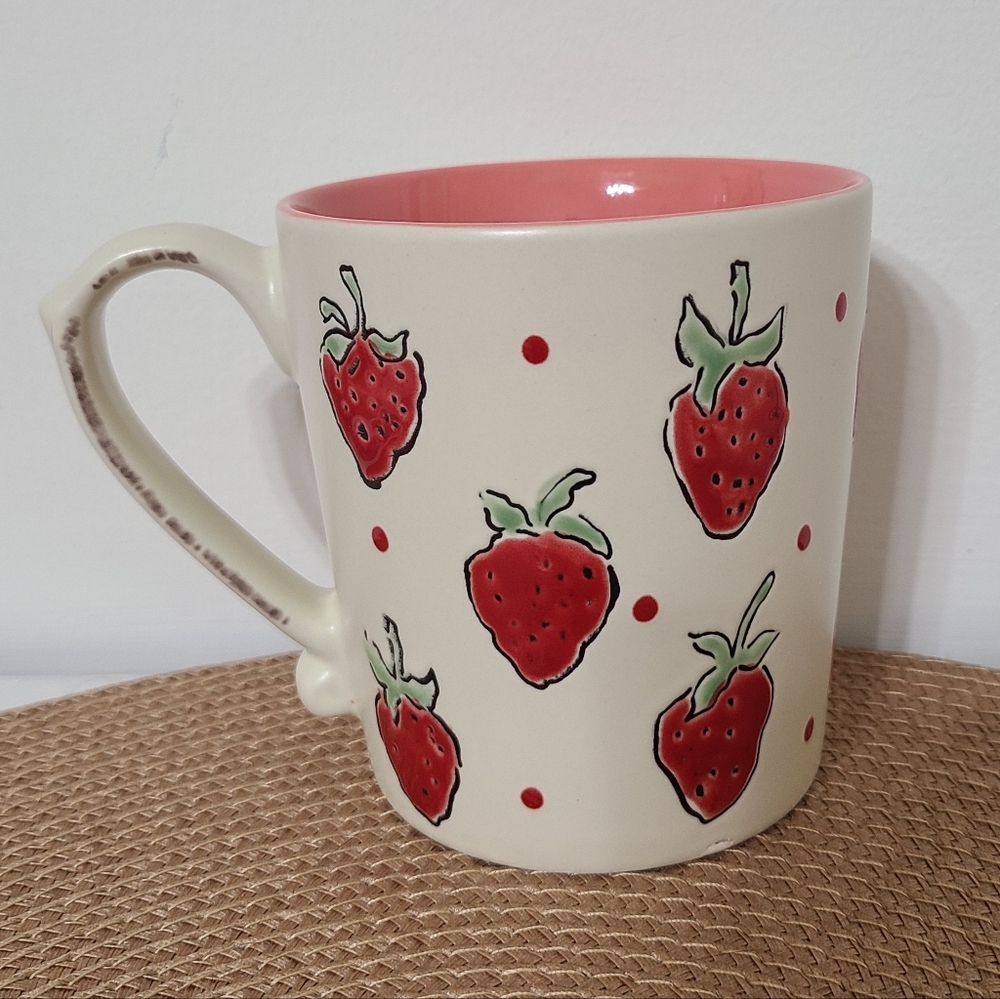 Cute Strawberry Patterned With Red Dots Cream Ceramic Mug